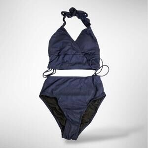 NWT Herseas Two Piece High Waist V Neck Halter Drawstring Sides Swimsuit, XS